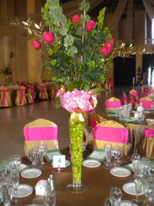  look together with bright fuschia pink and lime green centerpieces